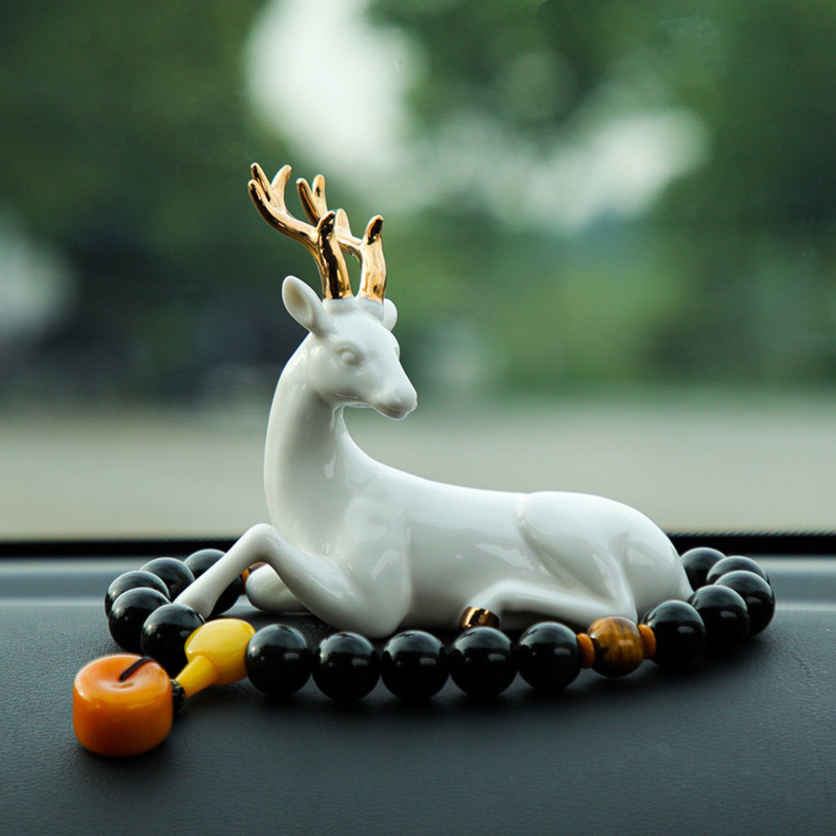 High-End Design Car Dashboard Deer Ornament Jade Porcelain Texture White Deer Figurine Golden Antlers Compact Size for Women, Center Console