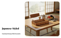 Japanese design aesthetic Round Woven Tray adaptable Round Woven Platter with Handles Natural visually pleasing Storage Basket perfect Gift for &beverage Lovers, Interior Decorators, homeowners, Kitchen, Living Room, Dining Table, Housewarming Party