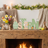 Wooden Easter Decoration Sign, Freestanding Lettering Stand with Bunny and Egg, Rustic Spring Table Centrepiece for Home, Mantelpiece, Windowsill & Seasonal Party