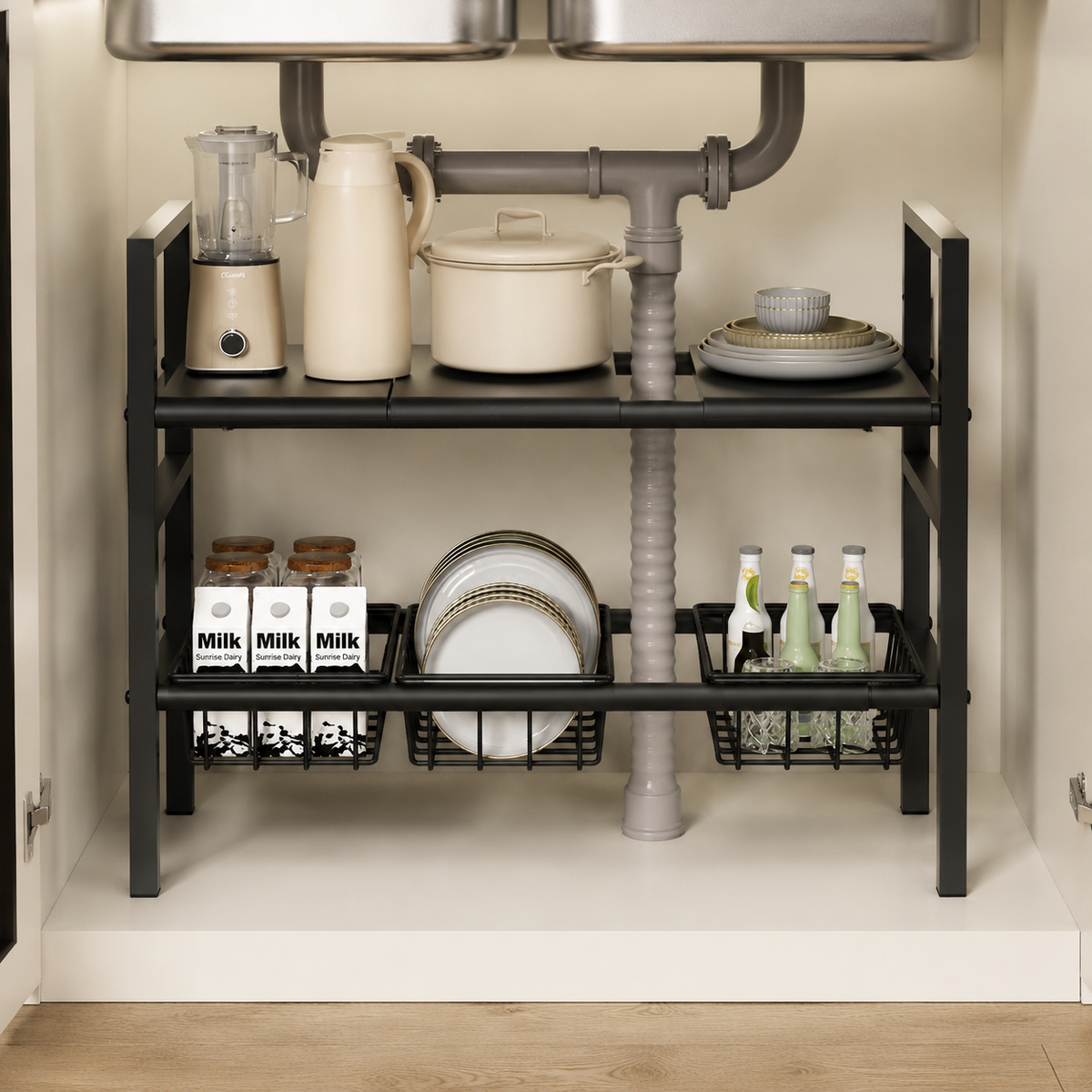 Under-sink Storage Rack, Telescopic, Width 50-88cm, Kitchen Storage Shelf, Height Adjustable, Modern Design