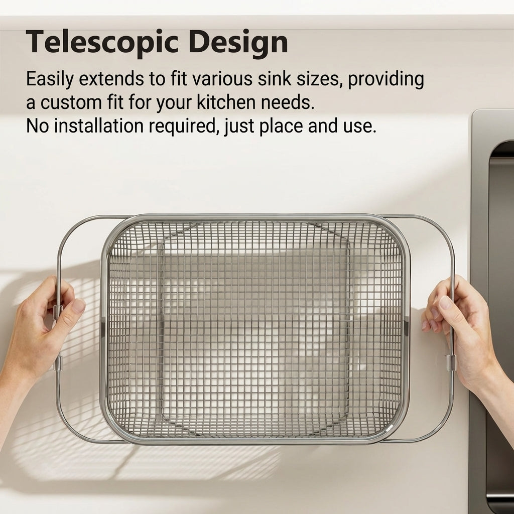 Telescopic Drain Basket Kitchen Sink Drainer, Stainless Steel Colander with Mesh, Over Sink Fruit and Vegetable Strainer for Modern Kitchens
