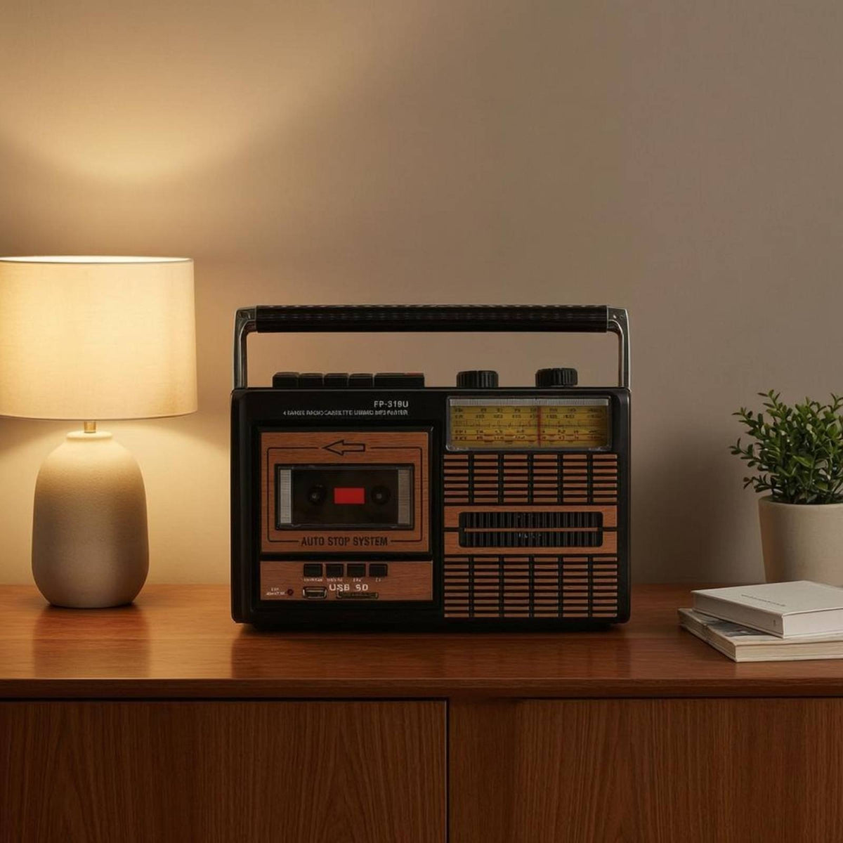 Auto-Stop Wood-Grain Radio Cassette Player Two-Way Power Retro Radio Cassette Player Portable Boombox Push-Button Controls