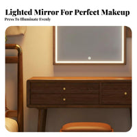 Dense Wood Construction Wooden Vanity Set with Round Mirror Nordic Design Vanity Set with Lighted Mirror Large Storage Capacity Dressing Table Includes Matching Stool for Women, Adults, Homeowners, Walk-in Closet, Apartment