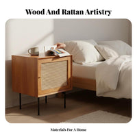 Japanese Design Rattan-Front Nightstand Solid Wood Legs Bedside Table Minimalist Design Storage Furniture Retro Aesthetic for Apartment Dwellers, Homeowners, Adults, Bedroom, Small Areas, Living Room, Home Office