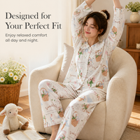 Women's Cloud Cotton Pajama Set with Lamb Embroidery, Long Sleeve Doll Collar Loungewear