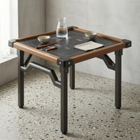 Brown Border Trim Square Folding Table Black Metal Frame Portable Card Table Adjustable Feet Event Furniture Reinforced Corner Joints