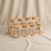 Glass Seasoning Container Set with Rack Airtight Kitchen Seal Counter spices Organizer Clear Design Seasoning Canister Set with Lids