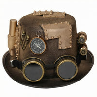 Gold and Brown Steampunk Hat Wide Brim Goggles Hat Rounded Crown Costume Headwear Riveted Design