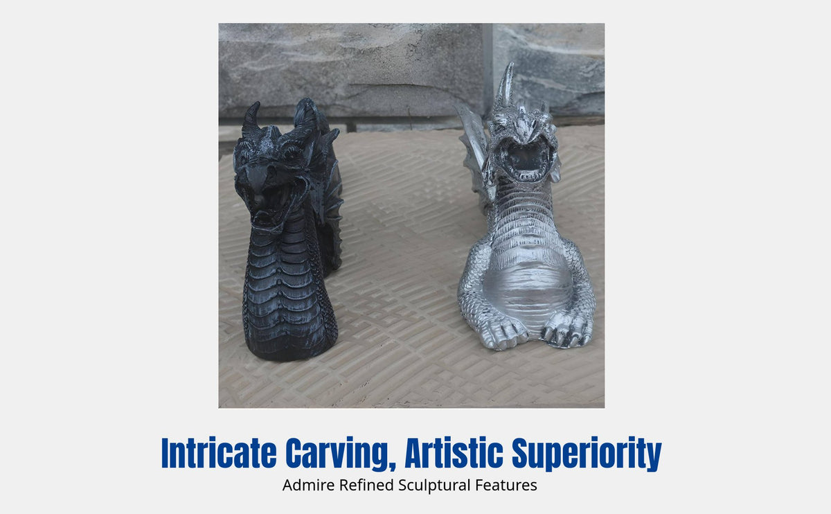Mythical Resin Wyvern Sculpture, Three-Part Black & Silver, Garden Courtyard Accent, Outdoor Art