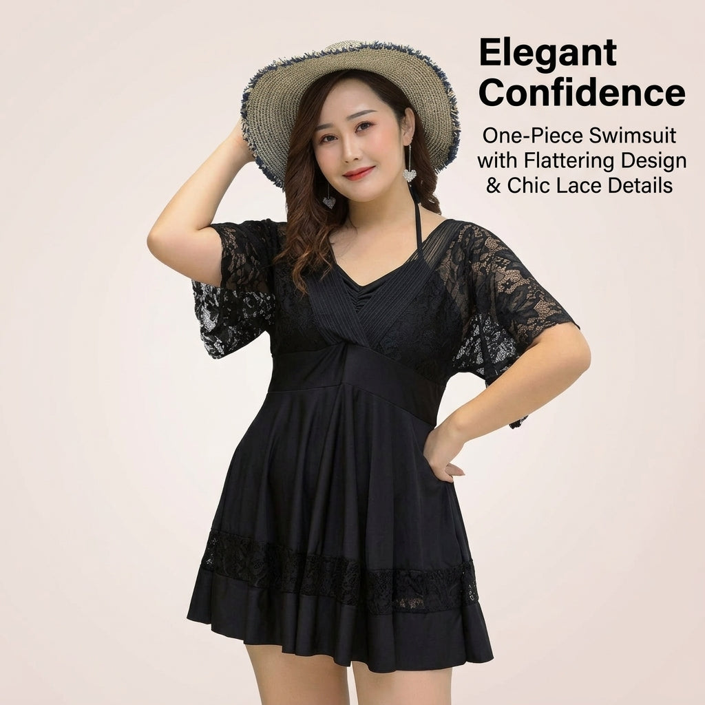 Swimsuit for Girls and Women with One-Piece Design, Conservative Swim Dress with Short Sleeves for Water Sports and Hot Spring