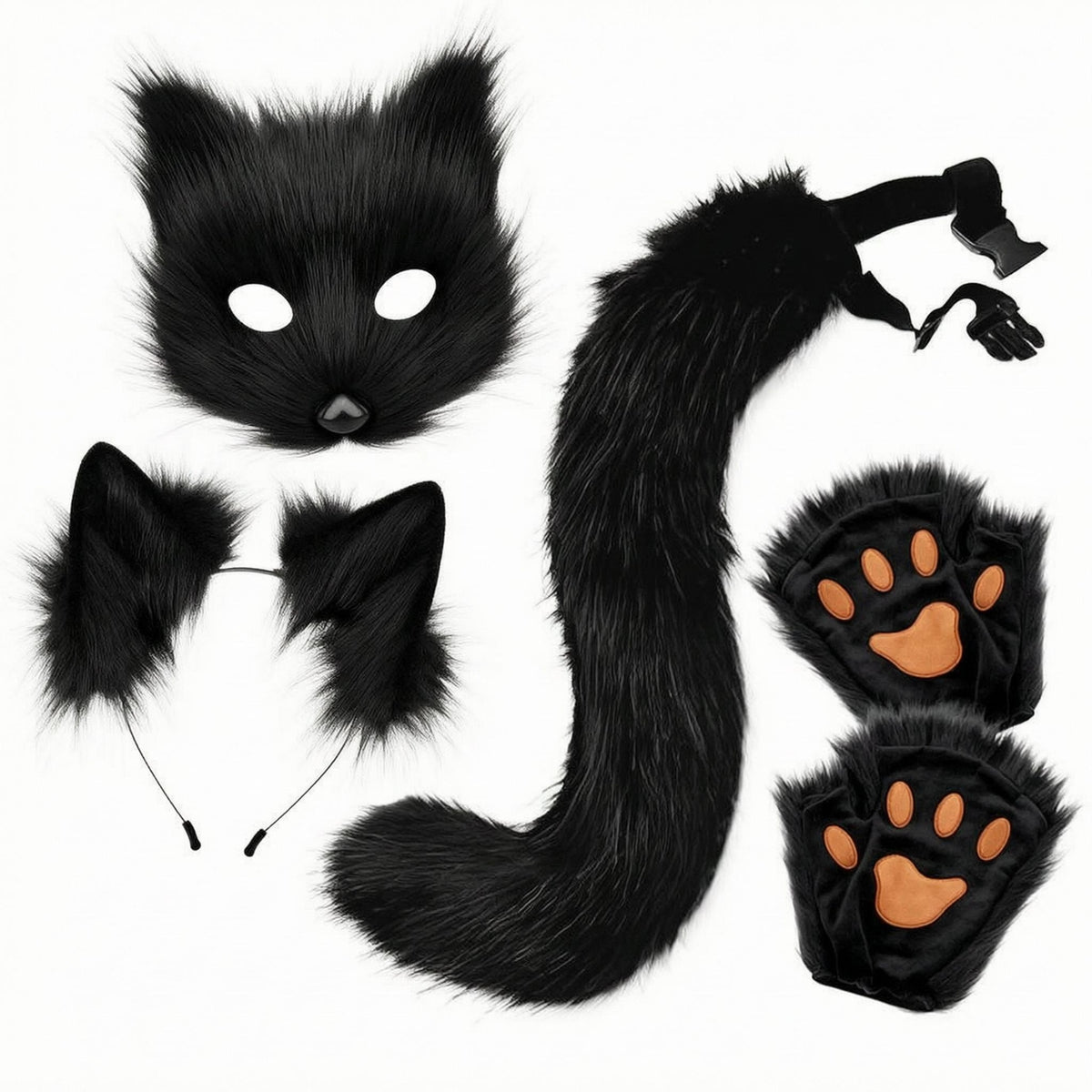 Costume Ear Headband Headband Tail Face Covering Set Halloween Canine Tail and Paw Mitts Cosplay Dress-up Kit