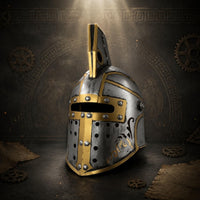 Raised Crest Spartan Helmet Statue Silver and Gold Antique-Style Helmet Ornament Distressed Finish Perforated Panels for Home Display