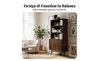 utilitarian and design Accordion Door bookshelf Modern Design Freestanding Cabinet with Doors adaptable Use Display Shelf Sturdy & Stable for Book Collectors, Interior Decorators, Homeowners, Living Room, Home Office, Showroom, Bedroom