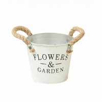 Hand-Painted Metal Bucket Planter Distressed Finish Bucket Flower Pot Printed Lettering Rope Handle Planter Tapered Shape