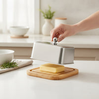 Stainless Steel Butter Dish Compact Butter Dish with Bamboo Tray Easy Clean Cheese Keeper Smooth for Countertop