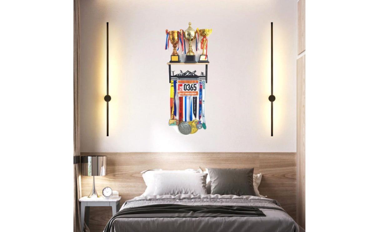 Sturdy Metal Construction Race Bib and Medal Display Hanger Multi-Functional Race Bib Medal Holder Motivational Design Wall Mounted Awards Rack Easy Installation for Runners