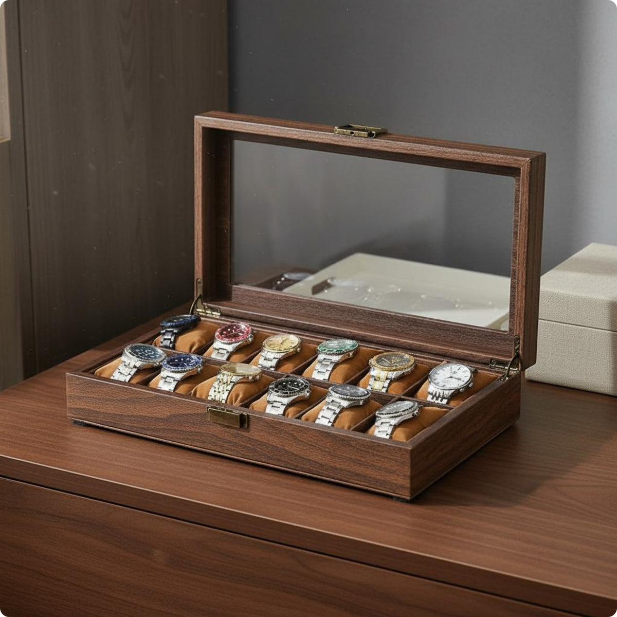 Glass Lid Watch Box Wood Grain Watch Display Box Rigid Construction