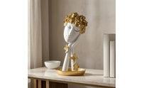 Floral Headdress Decorative Face Figurine Gold Finish Abstract Face Statue Resin Tray Base Sculpture Butterfly Accents