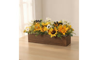 Helianthus Centerpiece with Wooden Planter Summer Floral Arrangement Decorative Decor for Shelf