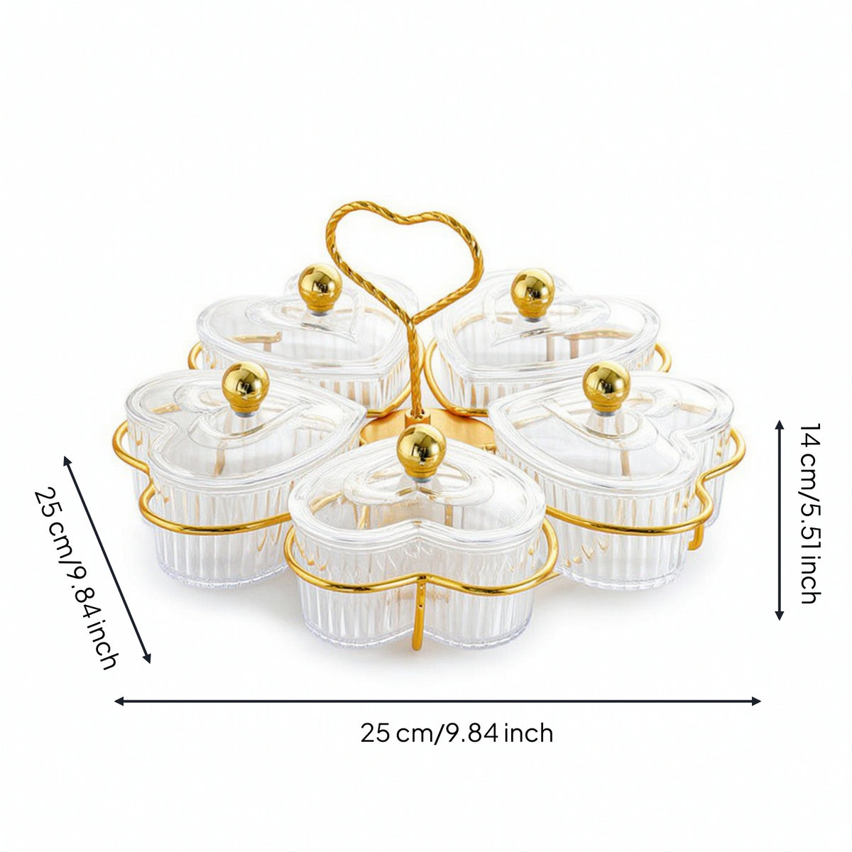 Heart-Shaped Snack Rack with Dishes Lidded Dessert Display Rack 5-Compartment Candy Dish with Stand Gold-Tone for Hosts, Homeowners, Party, Coffee Table, Entryway
