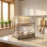 Dish Rack and Dish Drainer with Draining Board, 2 Tier Stainless Steel Draining Rack with Utensil Holder, Space Saving Kitchen Counter Organizer