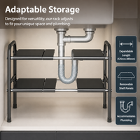 Matte Black Under Sink Organiser, Adjustable Width 525-880mm Metal Pull Out Drawers for Cabinets, Under Sink Storage for Cleaning Supplies
