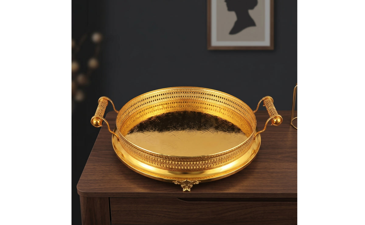 Decorative Metal Tray Gold-Tone Metal Serving Tray Ornate Decorative Platter for Home Stylists, Hosts, Living Room, Tea Service