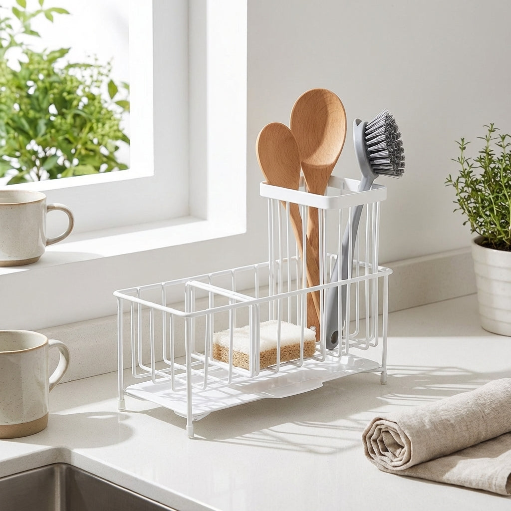 Kitchen Sink Organizer with Drip Tray, 304 Stainless Steel Countertop Drainer, Sponge Holder and Dish Brush Holder for Small Kitchen Storage Use