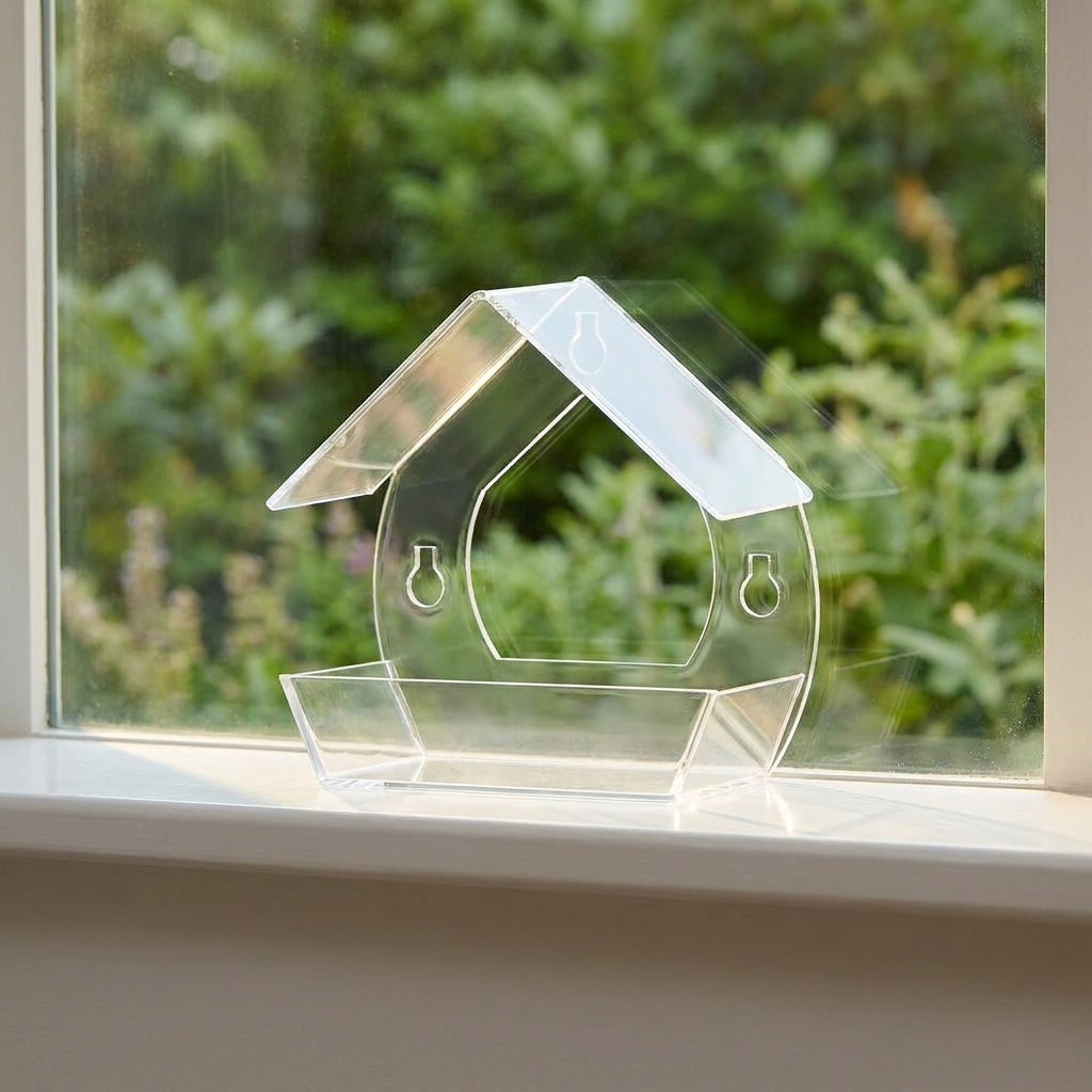 Suction Cup Bird Feeder, Clear Acrylic House with Sloped Double Panel Roof and Drainage Holes, Small Bird Feeder for Window Side Bird Watching