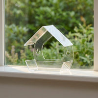 Suction Cup Bird Feeder, Clear Acrylic House with Sloped Double Panel Roof and Drainage Holes, Small Bird Feeder for Window Side Bird Watching