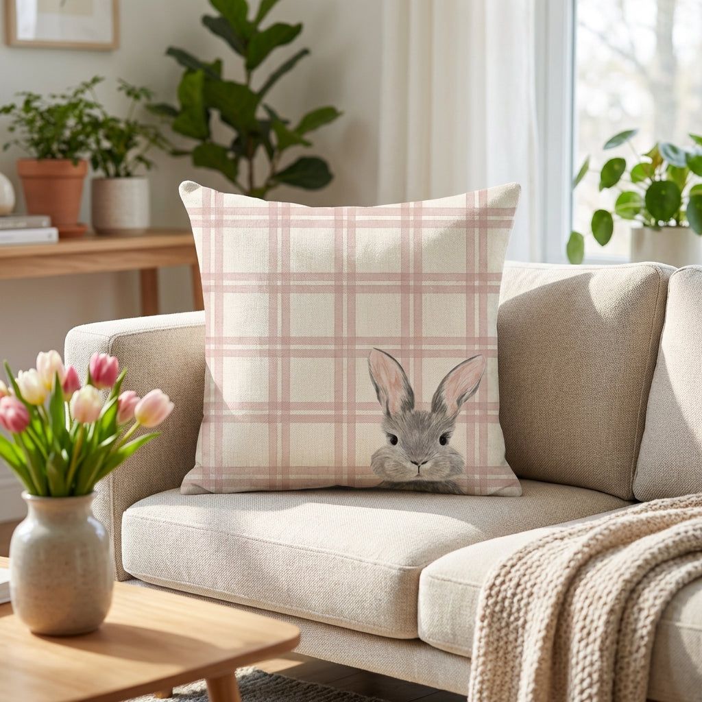 Easter Bunny Pillow Cover Invisible Zipper Easter Pillow Cover 18x18 Inch Linen Decorative Pillow Cover for Families, Sofa, Living Room