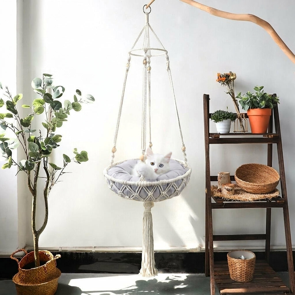 Handmade Cat Hammock with Bed Cushion, Stainless Steel Bohemian Cat Bed, Single Hook Macrame Hanging Chair for Indoor Cats at Window Perch