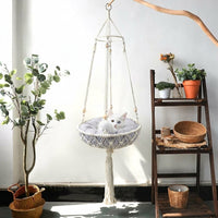 Handmade Cat Hammock with Bed Cushion, Stainless Steel Bohemian Cat Bed, Single Hook Macrame Hanging Chair for Indoor Cats at Window Perch