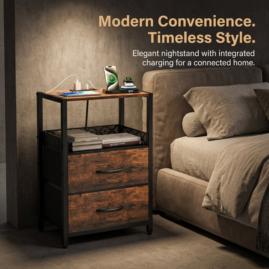 Bedside Table with Charging Station, End Table with 2 USB Ports and Power Outlets, Side Table with Drawers and Storage Shelves, Nightstand with Metal Frame for Living Room Bedroom