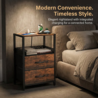 Bedside Table with Charging Station, End Table with 2 USB Ports and Power Outlets, Side Table with Drawers and Storage Shelves, Nightstand with Metal Frame for Living Room Bedroom