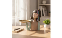 Girl Bust with Tray Golden Statue with Tray Low-Profile Jewelry Holder for Vanity, Entryway, Living Room