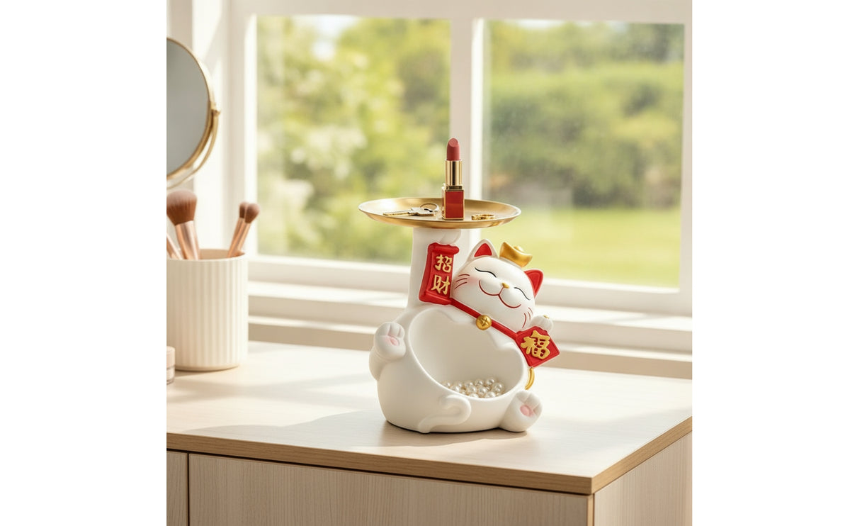Double-Layer Storage Ornament Waving Cat Figurine Storage Tray Multifunctional Auspicious Cat Statue with Tray for Entryway Table, Vanity