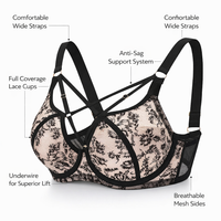 Lace Trim Full Coverage Bras for Women with Minimizer Support, Breathable Mesh Plus Size for Everyday and Work Wear, Wide Back Design