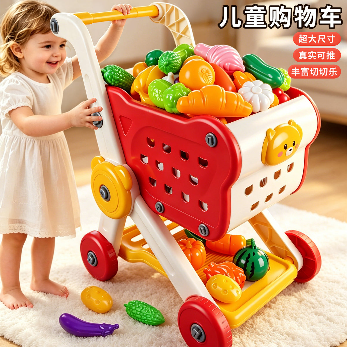 Kids Pretend Play Shopping Cart Toy with Play Food Set