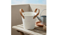 Metal Flower Planter Leather-Style Handles Distressed Metal Planter Small Round Planter Embossed Floral Lettering