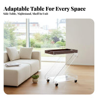 Clear Design Transparent C-Shaped Nightstand Movable with casters Sofa Side Table Modern aesthetic Rolling Cart Mobile for Apartment Dwellers, Remote Workers, Living Room, Couchside, Bedroom, Small Spaces