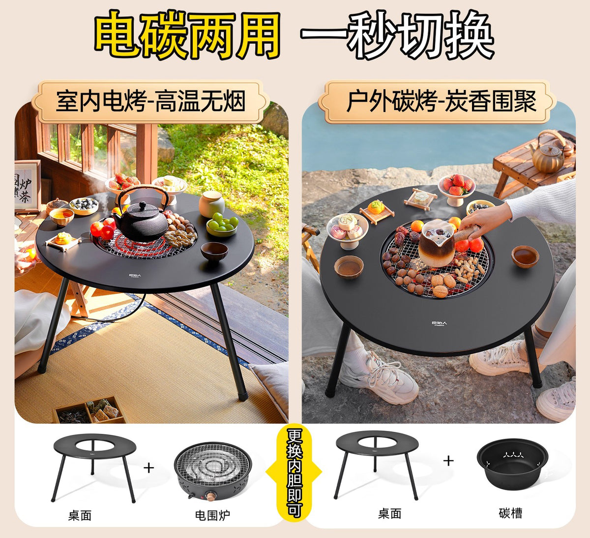 德国围炉煮茶烤火炉套装器具全套桌炭烧烤炉子家用多功能便携烤架 加大号加厚桌面围炉【碳钢桌面.耐用十年】配7件套
