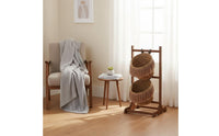 Solid Wood Frame Multi-Tier Basket Organizer Multifunctional Freestanding Woven Basket Stand Space Saving Storage Rack Removable Bag for Bathroom
