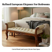 Tufted Bed-End Stool Carved Legs Tufted Bed-End Bench timeless Design Indoor Furniture for Interior Designers, Homeowners, Bedroom, Entryway, Hallway