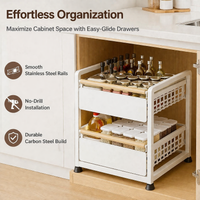 Large Under Sink Organiser, 2 Tier Pull Out Drawers for Cabinets, Metal Bathroom Storage with Stainless Steel Rails, Kitchen Cabinet