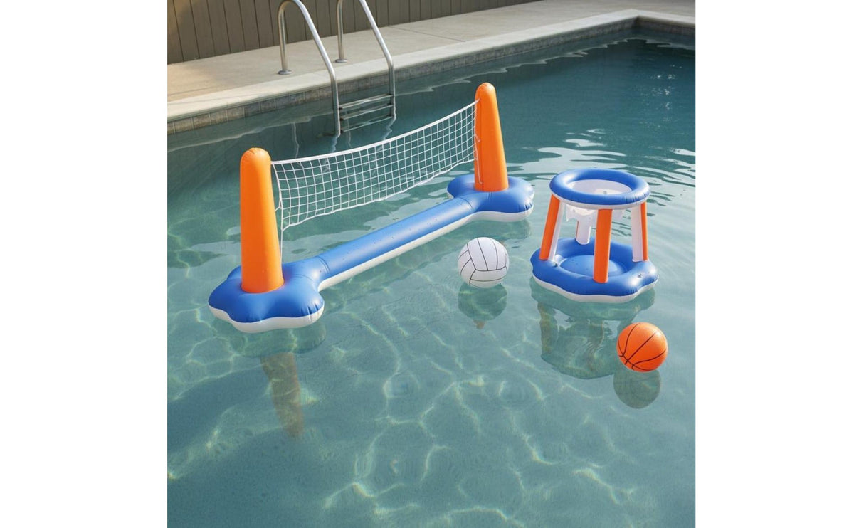 Inflatable Volleyball Net and Basketball Hoop Portable Inflatable Volleyball and Basketball Set Aquatic Sports Combination Set for Family, Outdoor