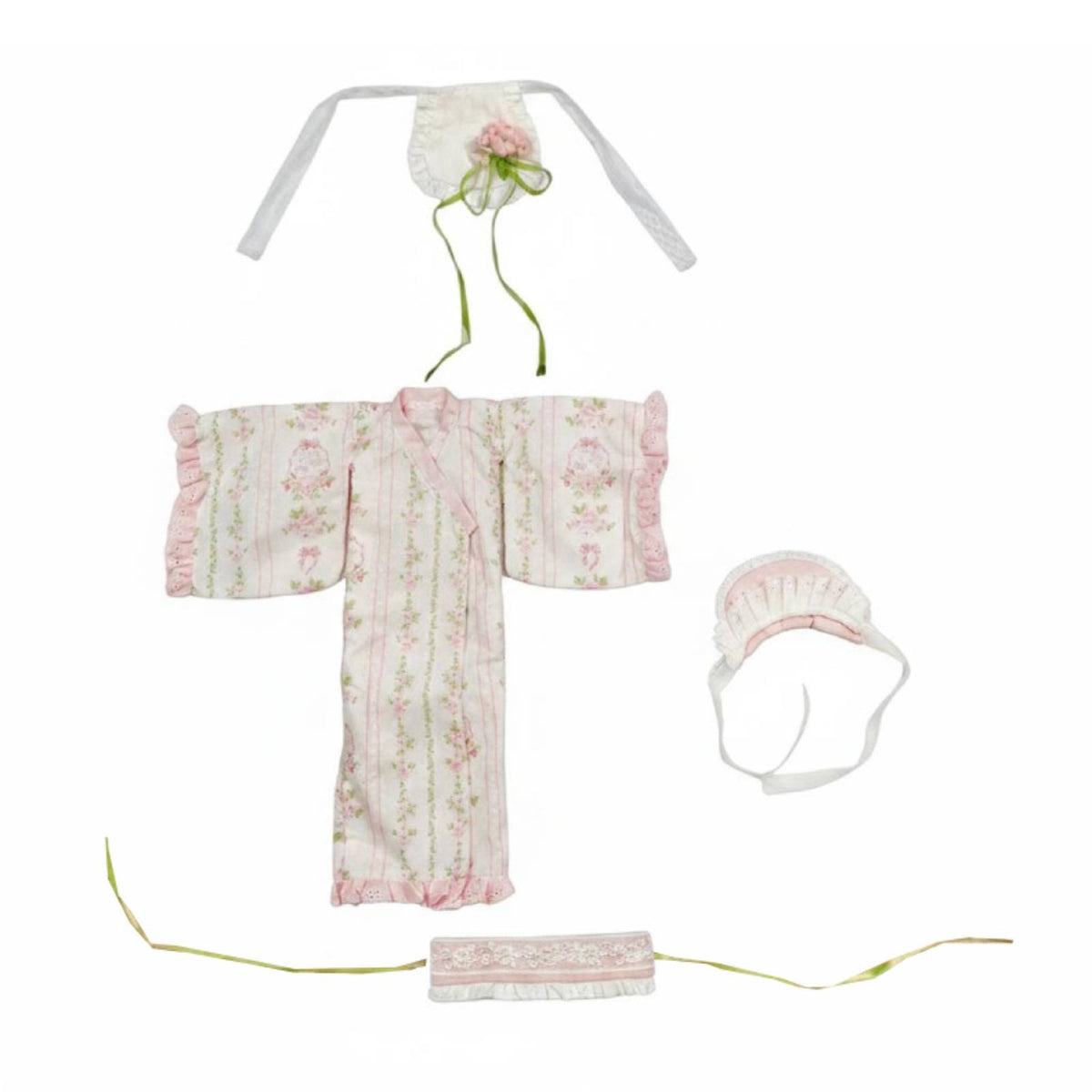 Doll Kimono Outfit Pink Trim Floral Doll Kimono Fluid Drape Apparel