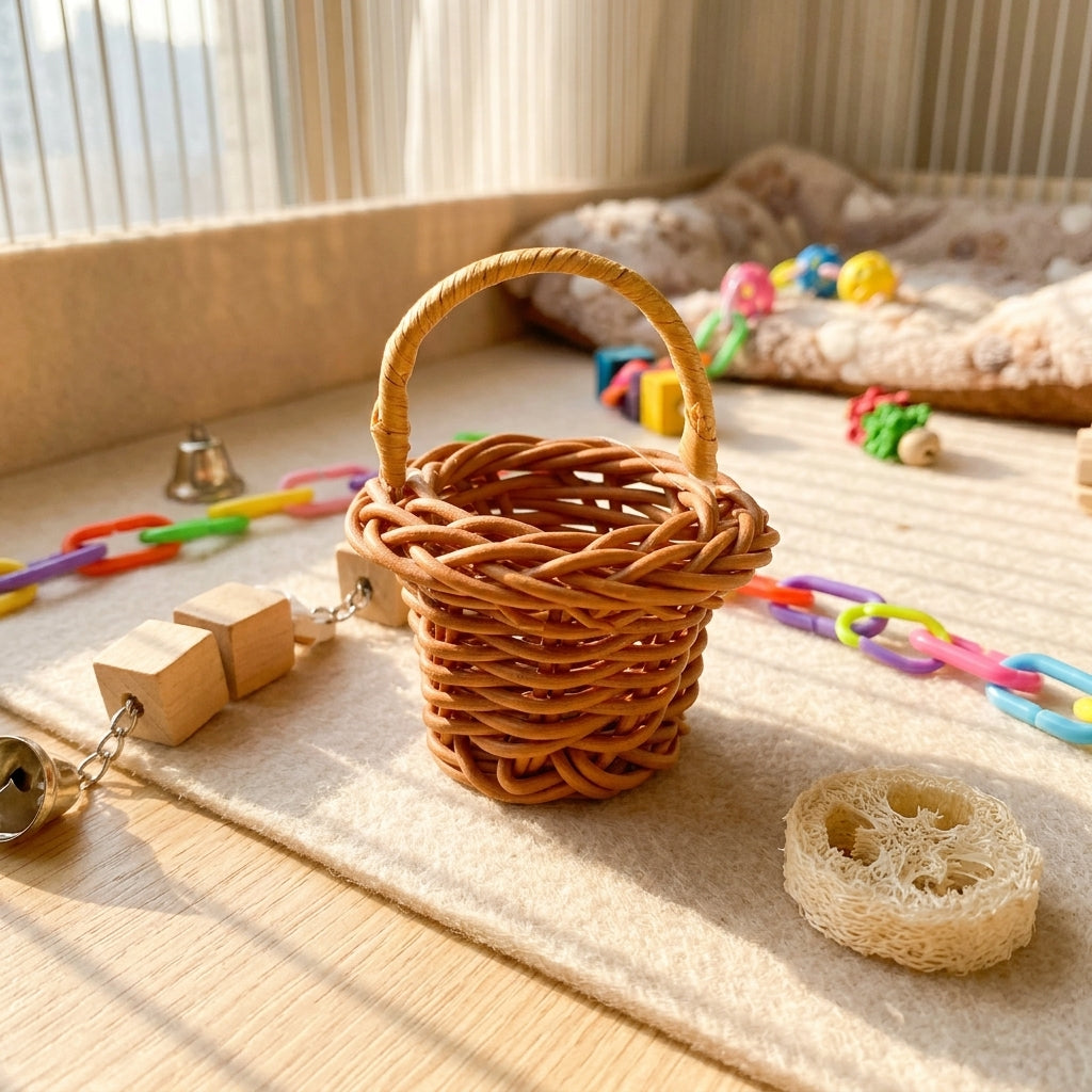 Parrot Toy Miniature Basket for Chewing, Parrot Enrichment Toy, Parakeet Entertainment, Bird Cage Accessories