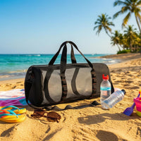 Zippered Mesh Duffel Bag Adjustable Shoulder Strap Cylindrical Travel Bag Carry Handles Strapping Loops