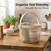 Metal Wire Storage Baskets with Wooden Handle, Mesh Wire Storage Baskets for Kitchen, Wire Baskets with Wood Handle